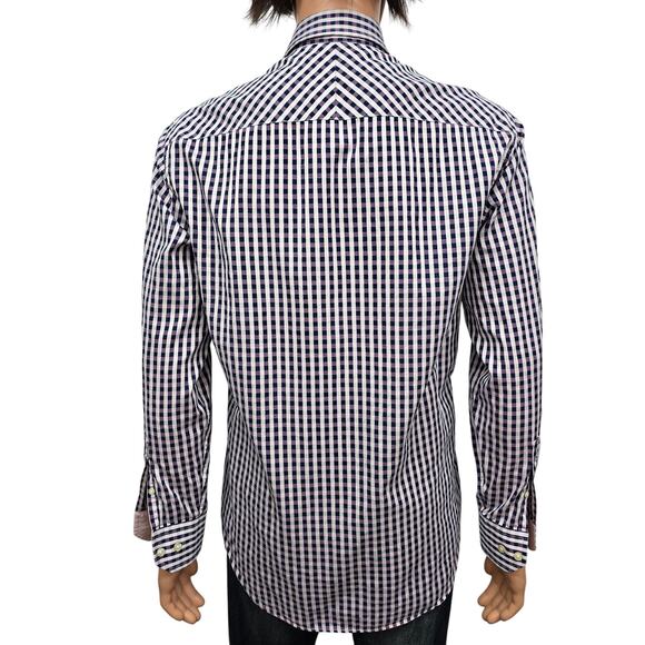 JOHNSTON & MURPHY Dress Shirt Sz M Tailored fit Contrast Flip Cuff Gingham check - Picture 9 of 13